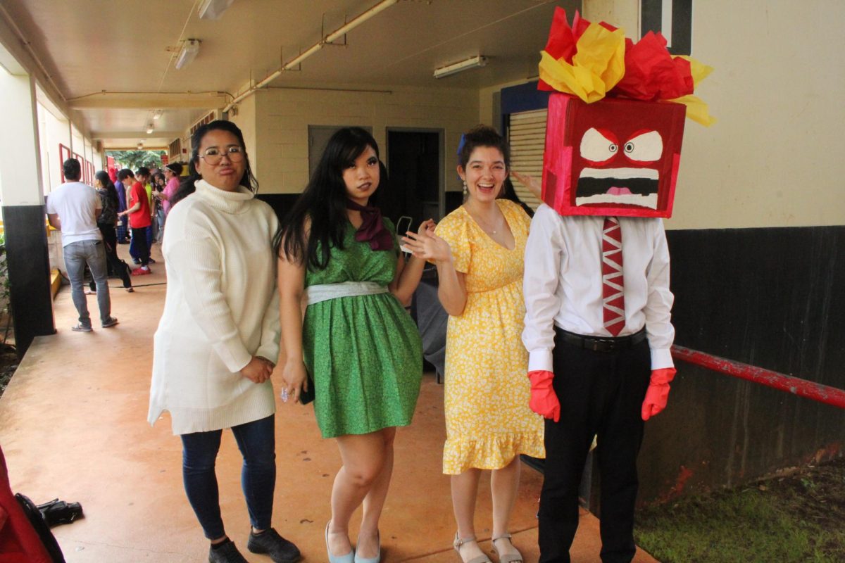 Teachers  Tehani Ching,  Karina Polo, Brittney Hamilton, and Troy Okamoto, participating in the Halloween costume contest dressed as characters from Disney’s “Inside Out.” 